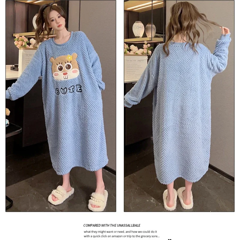 150kg 5XL Thicken Coral Fleece Nightgown Women Large Size Pajamas Autumn Winter Thickened Home Dress Sweet Cartoon Loungewear