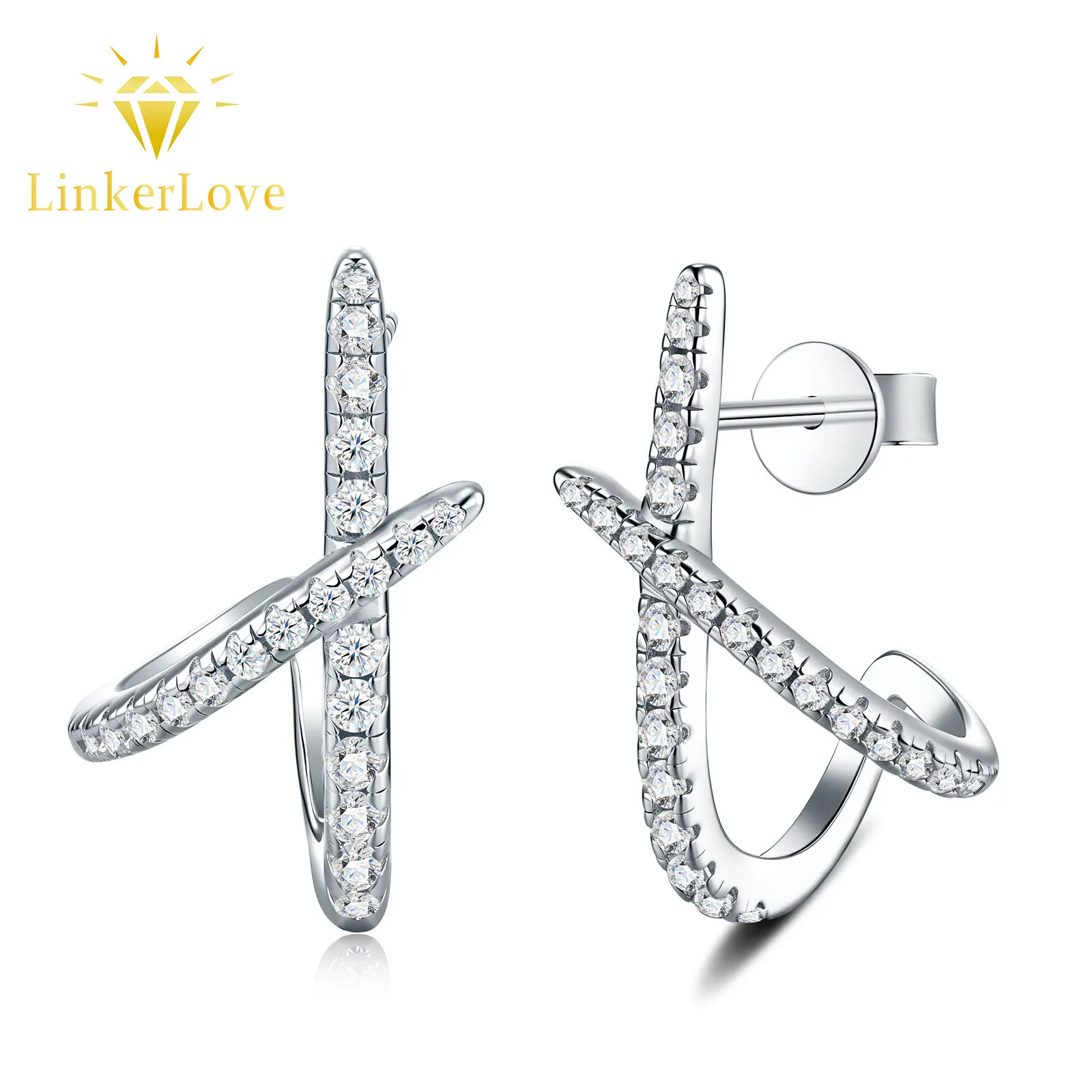

LinkerLove S925 Sterling Silver Moissanite X Shape Cross Stud Earrings for Women Diamond Earrings White Gold Plated Fine Jewelry