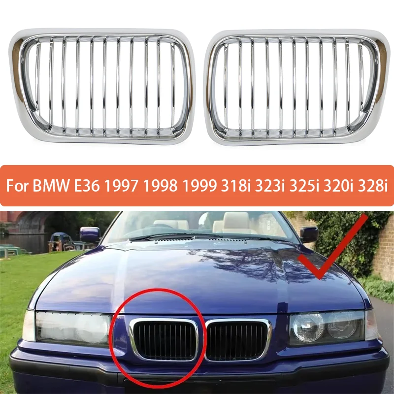 Pair Left&Right Front Hood Grille Kidney Grille Plating Silver For BMW E36 318i 323i 325i 320i 328i 1997 1998 1999 51138195152