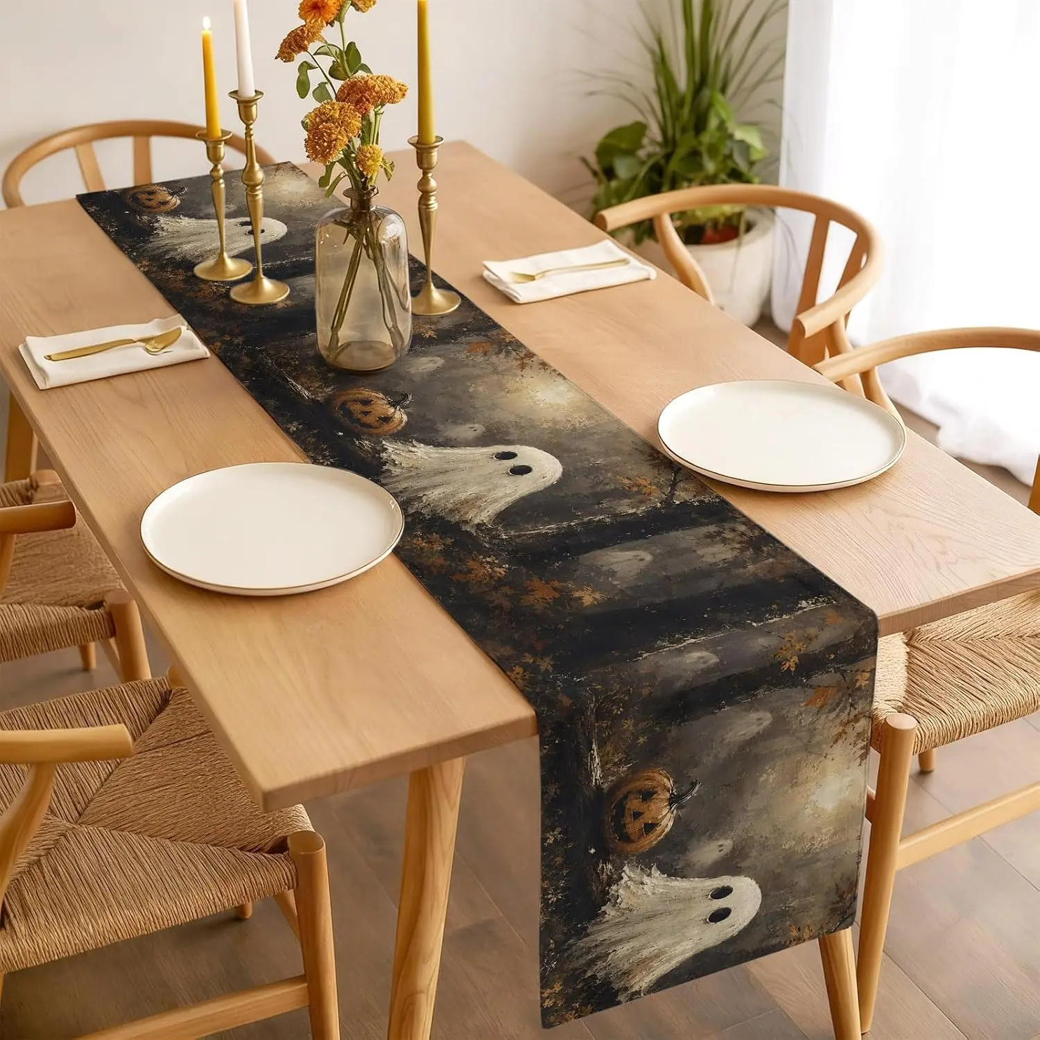 Halloween Forest Ghost Pumpkin Linen Table Runner Holiday Party Decor Reusable Kitchen Dining Table Runner Halloween Decoration