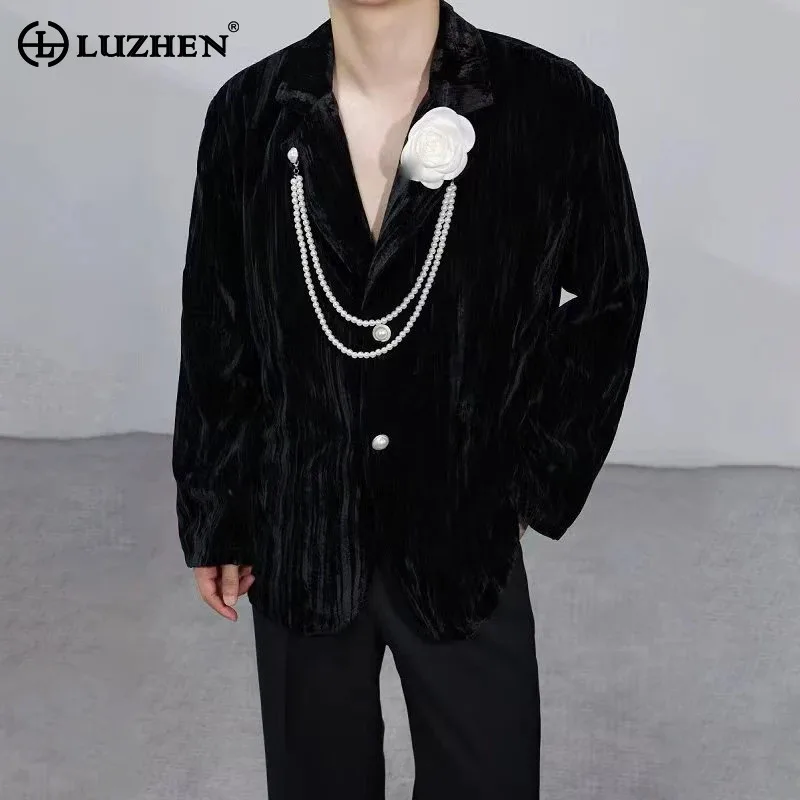 

LUZHEN Роскошный элегантный красивый пиджак, мужской оригинальный нишевый трехмерный пиджак с жемчужной цепочкой, стильная однотонная куртка JY4431
