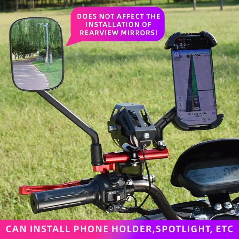 Universal extension bracket for rearview mirror installation. Motorcycle, crossbeam spotlight, rearview mirror, extender base.