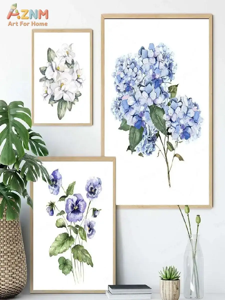 AZNM Elegant Wildflower Art Blue Iris  Hydrangea Canvas Prints for Modern Home Decor Perfect for Bedroom  Living Room W