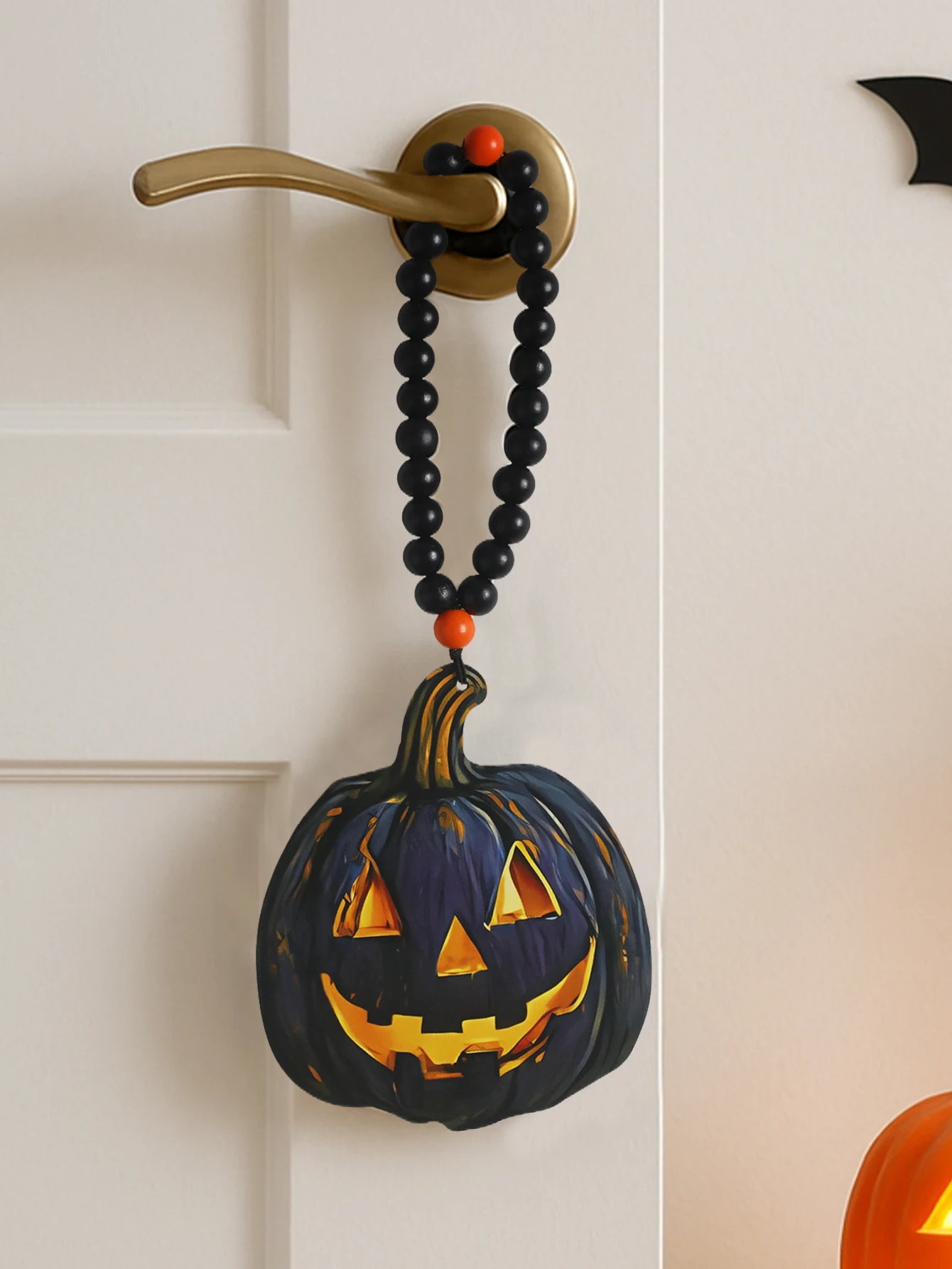 Wooden Halloween Pumpkin Door Knob Hanging Decor Gothic Pumpkin Ghost with Black Bead Chain Pendant Spooky Home Party Decoration