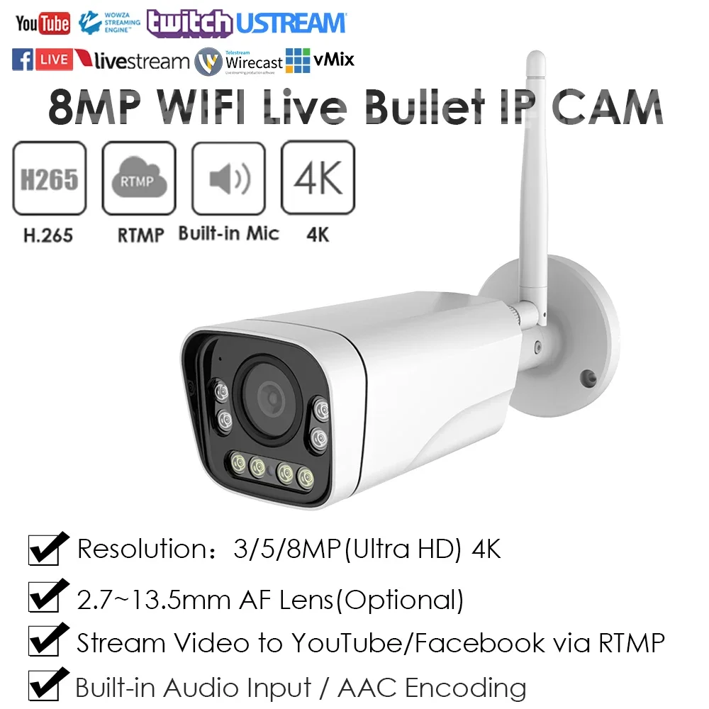 

4K 8MP IMX415 Wireless WiFi RTMP IP Camera Dual Light Live Streaming Push Video To YouTube Facebook Twitter Onvif Outdoor Indoor