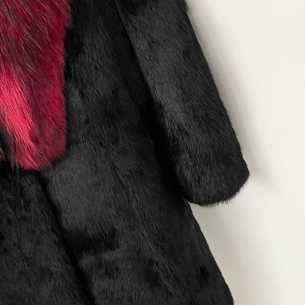 OFTBUY Neue Luxuriöse Vollpelz-Winterkleidung Damenjacke Mittellang Echter Kaninchenfellmantel mit Echtfuchsfellkragen – Detail 5