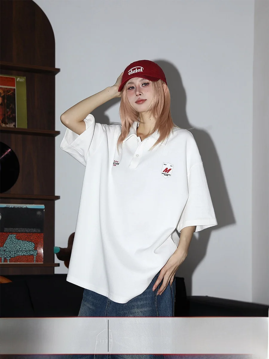 

MANYSTON American Sle irt ort Sve Turn-down Collar Women's Summer Heavyweight Cotton Polyester Blend Top