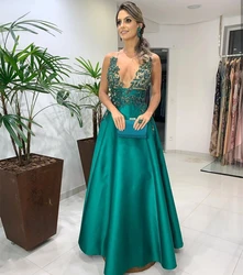 Green Appliques Sleeveless Evening Dress 2023 Sexy Backless Satin A-Line Crystal Beaded Prom Party Gowns Vestidos De Gala