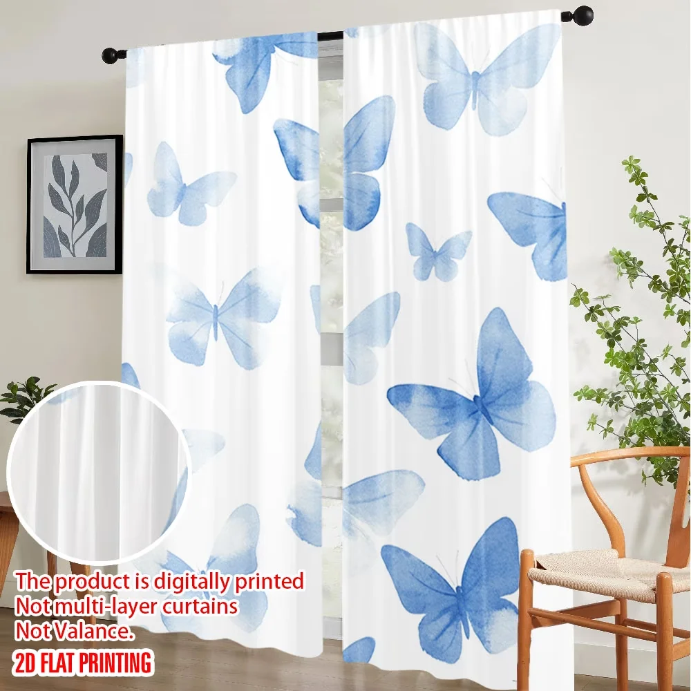 2PCS Digital Printed Curtains, Blue Print Butterfly Vintage Insect Pattern, Window Drapes for Living Room Bedroom Home Decor