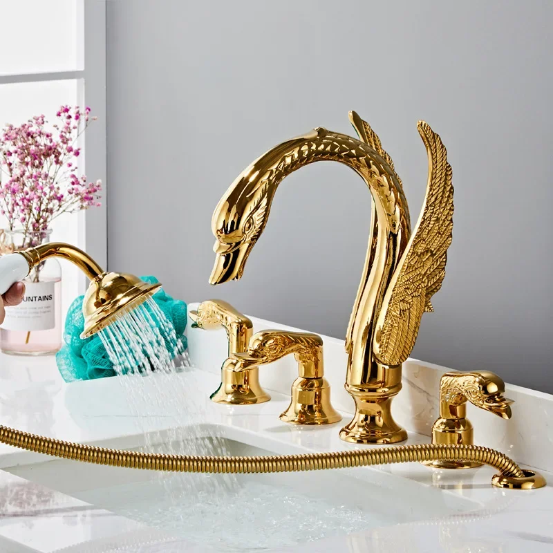 Basin Faucet Gold Bathtub Shower Head Swan Widespread  Mixer With Hand Head Hot And Cold Water Tap