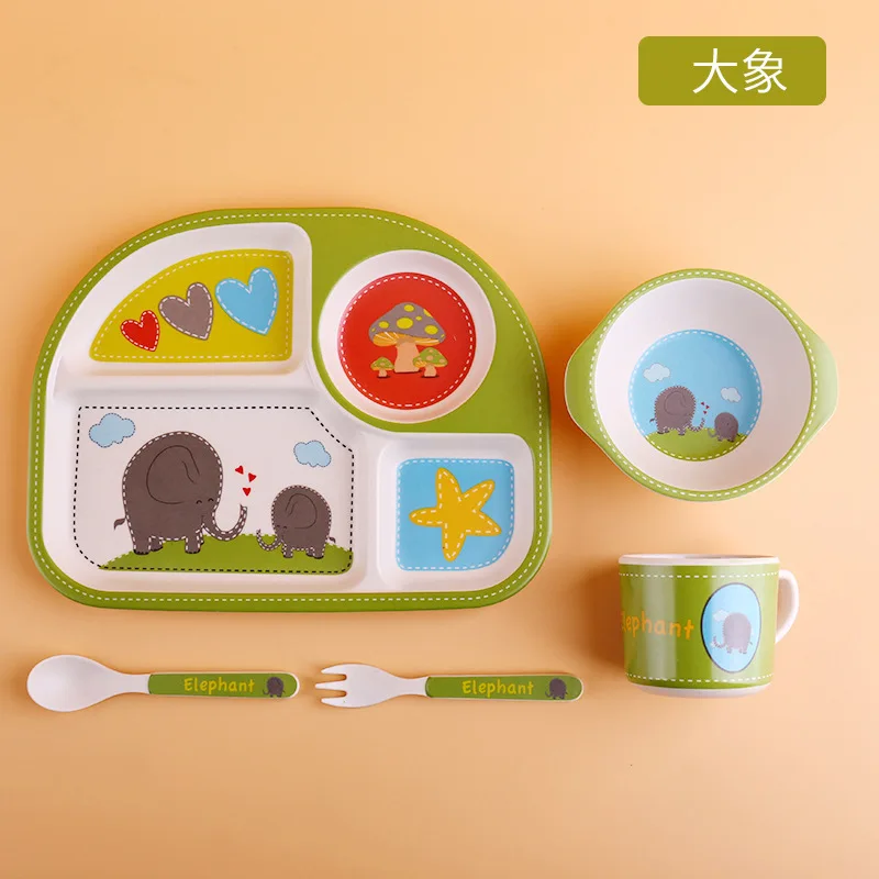 Picture 5: 5pcs Creative Bamboo Fiber Children Tableware Set Cartoon Grid Dinner Plate Rice Bowl with Cup Fork Spoons for Home Kindergarten