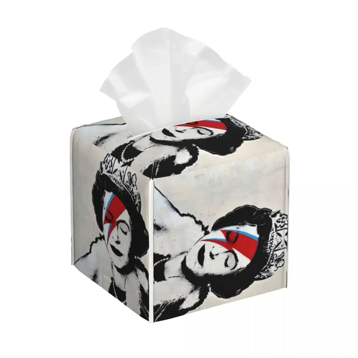 Custom Banksy UK England Queen Elisabeth Rockband Face Makeup Tissue Box Cover PU Leather Square Facial Tissue Box Holder for