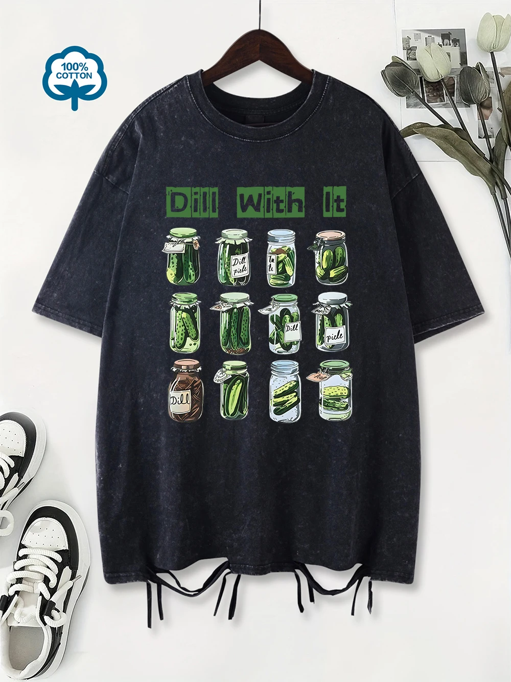 Summer Washed T-Shirts Womens Cotton Dill With It Canned Cucumber Prints T Shirt Street O-Neck Oversized Tops Casual Clothes