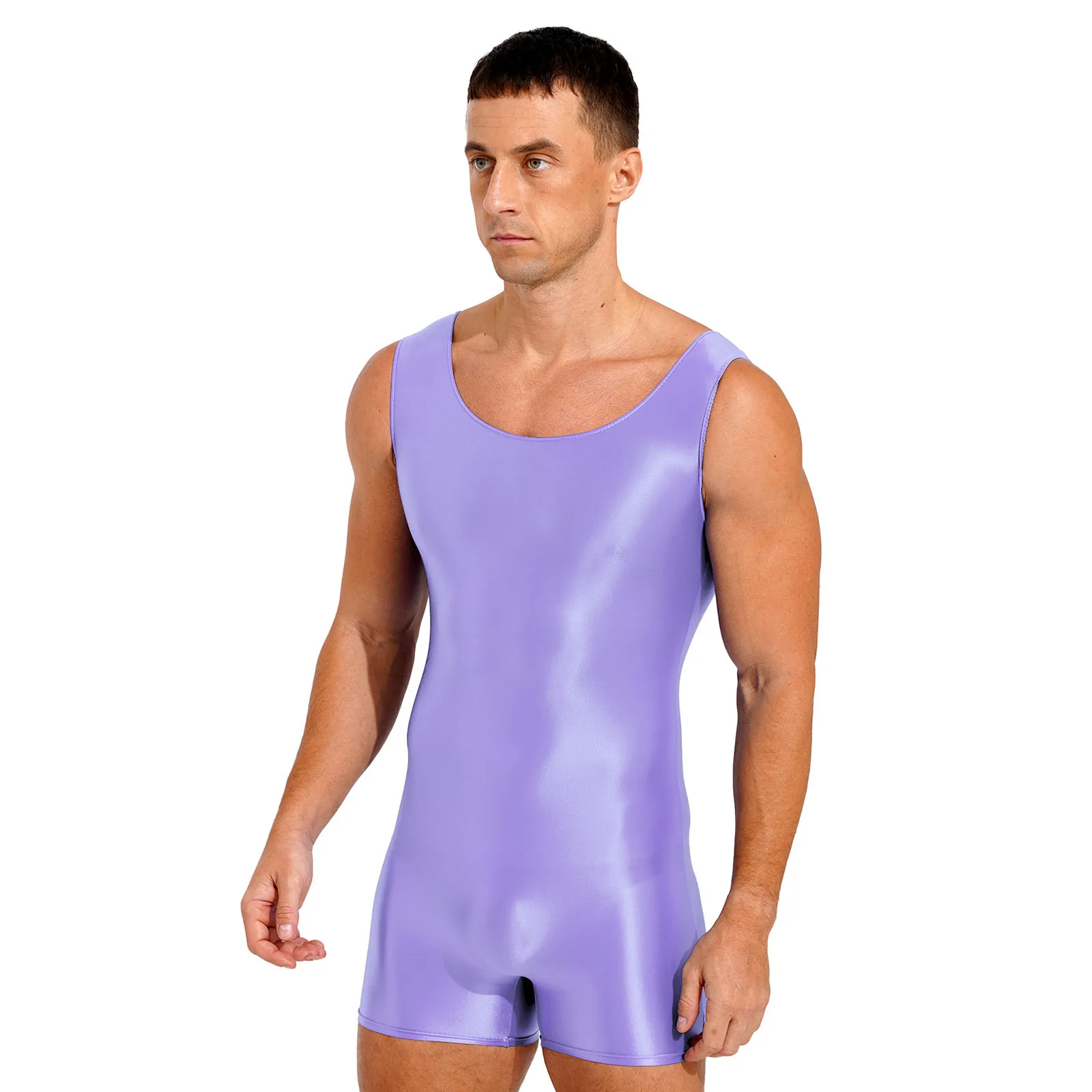 Mens Solid Color Swimsuit One Piece Swimwear Fitness Glossy Oilly Shiny Sleeveless U Neck Tank Leotard Swim Bodysuit Jumpsuit