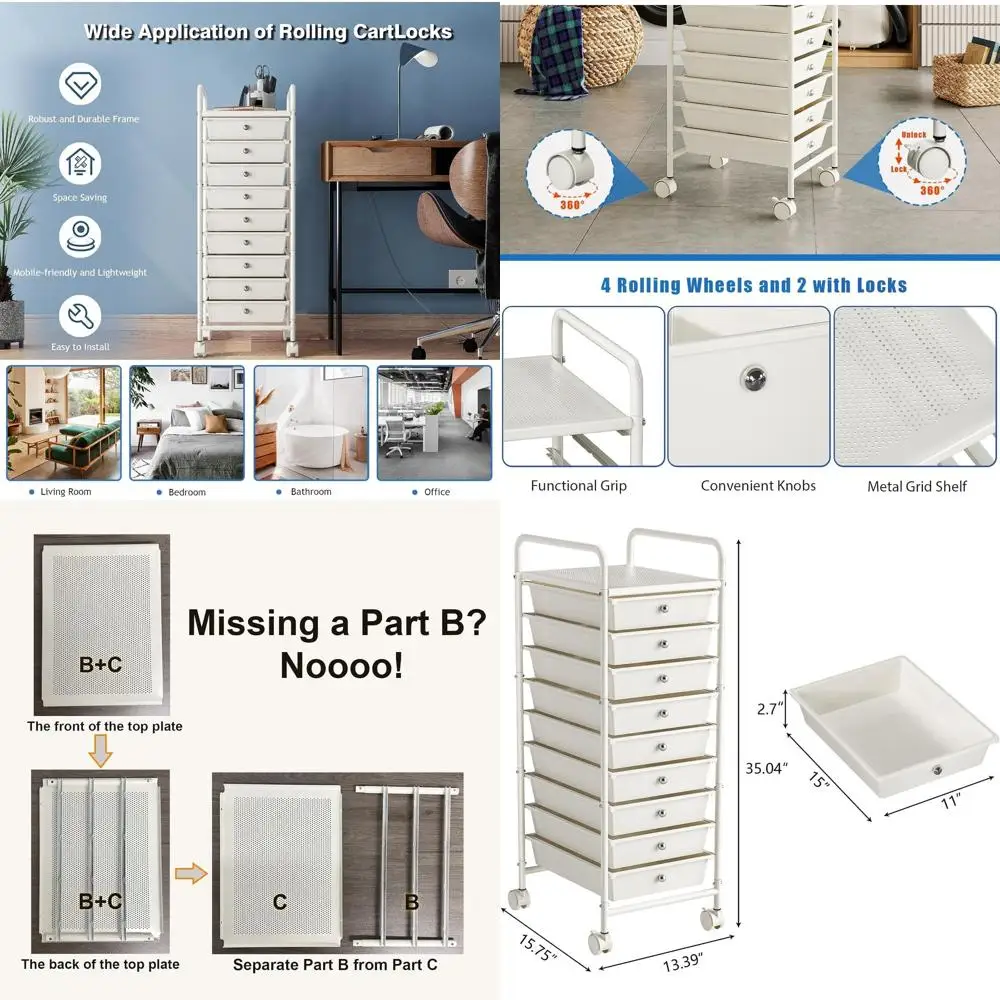 

9-уровневая тележка на колесиках с 9 ящиками, запираемыми колесами, многофункциональная мобильная тележка для дома и офиса, цвет слоновой кости белого цвета