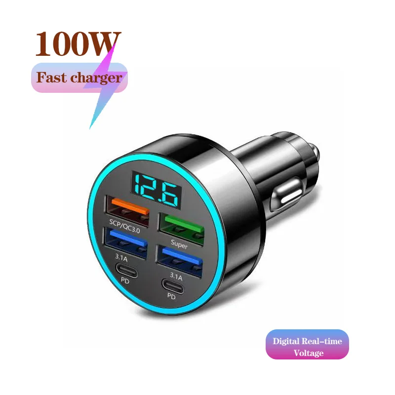 100W 6Port USB Digital Real-time Voltage car charger QC30/PD car charger for Phones fast charging cigarette lighter adapter