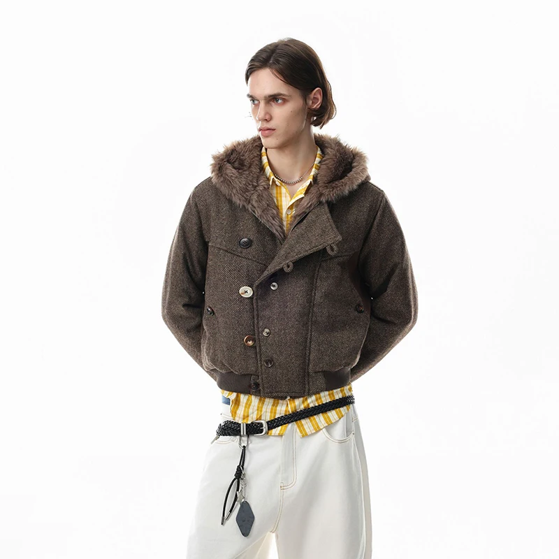American Solid Color Hooded Jacket Coarse Floral Pattern Cotton Jacket Men Women Same Style Collar Multi Button Design Splicing
