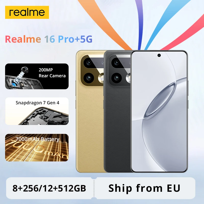 Image of realme 16 Pro Plus 5G Smartphone realme 16 Pro+ 2026 Neuer Snapdragon 7 Gen 4 200MP OIS Kamera 6,8'' AMOLED 144Hz Gebogener Bildschirm 7000mAh Akku IP69K
