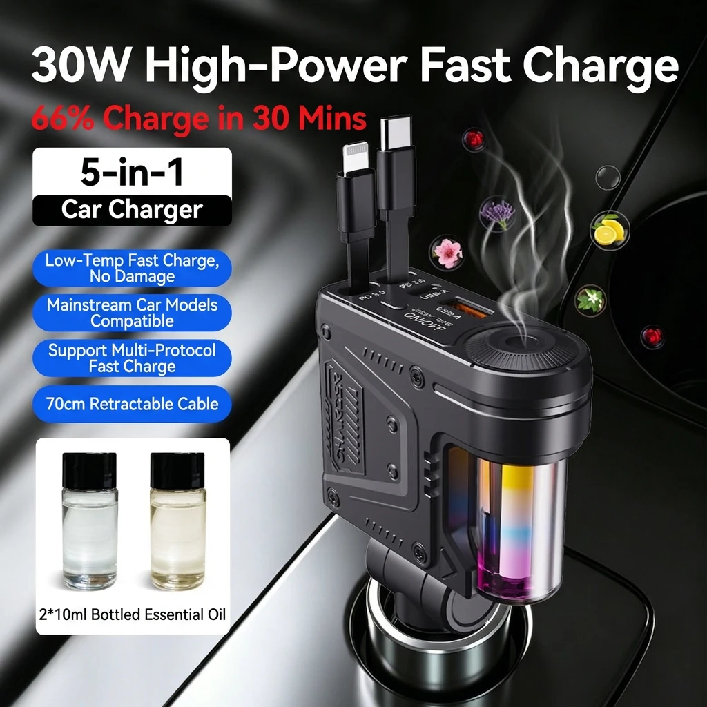 5-in-1 30W Car Charger Fast Charge, Aroma Diffuser, Retractable Lightning & Type-C Cable, USB-A/C Ports, Car Air Freshener
