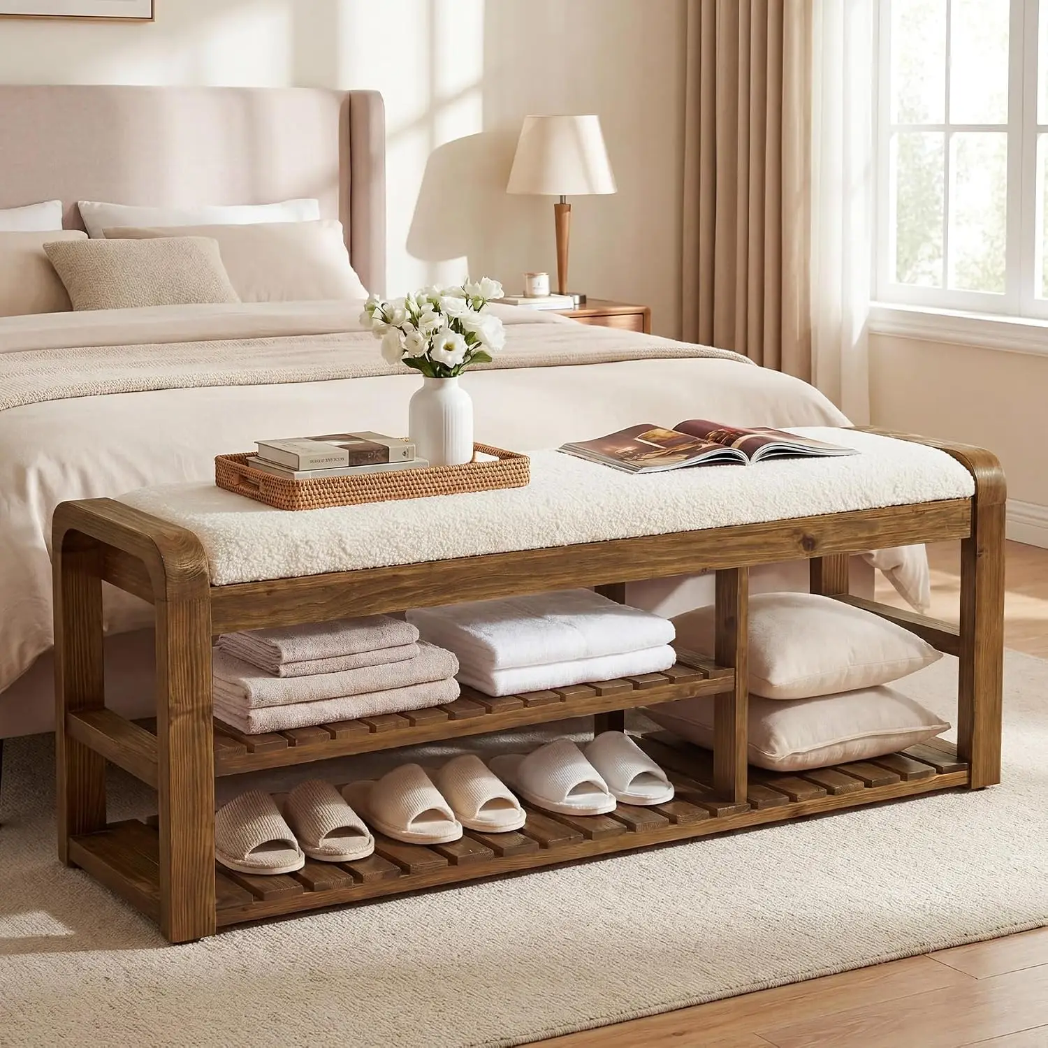 55" Shoe Storage Bench with Removable Cushion, 2-Tier Farmhouse Solid Wood Entryway Shoe Rack, End of Bed Storage Upholstered