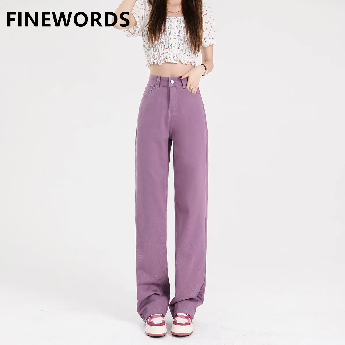 

FINEWORDS Vintage Purple Wide Leg Jeans Women Korean Streetwear High Waist Loose Jeans Punk Full Length Casual Denim Pants