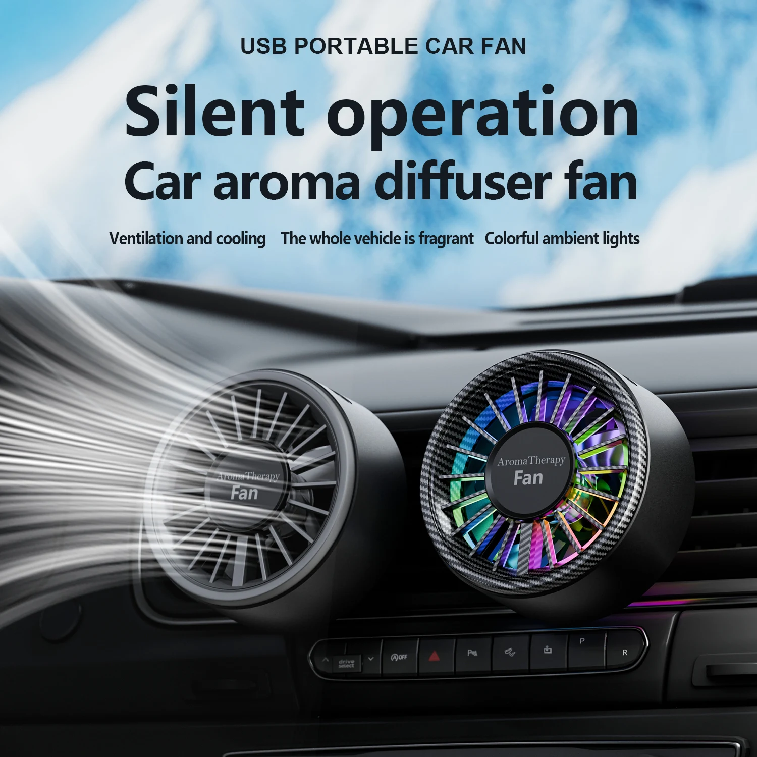 Neuer Magnetischer Auto-Ventilator mit Farbiger Beleuchtung, Hochwertiger Typ-C-Anschluss, Plug-and-Play bei Anschluss an die Fahrzeug-Stromversorgung