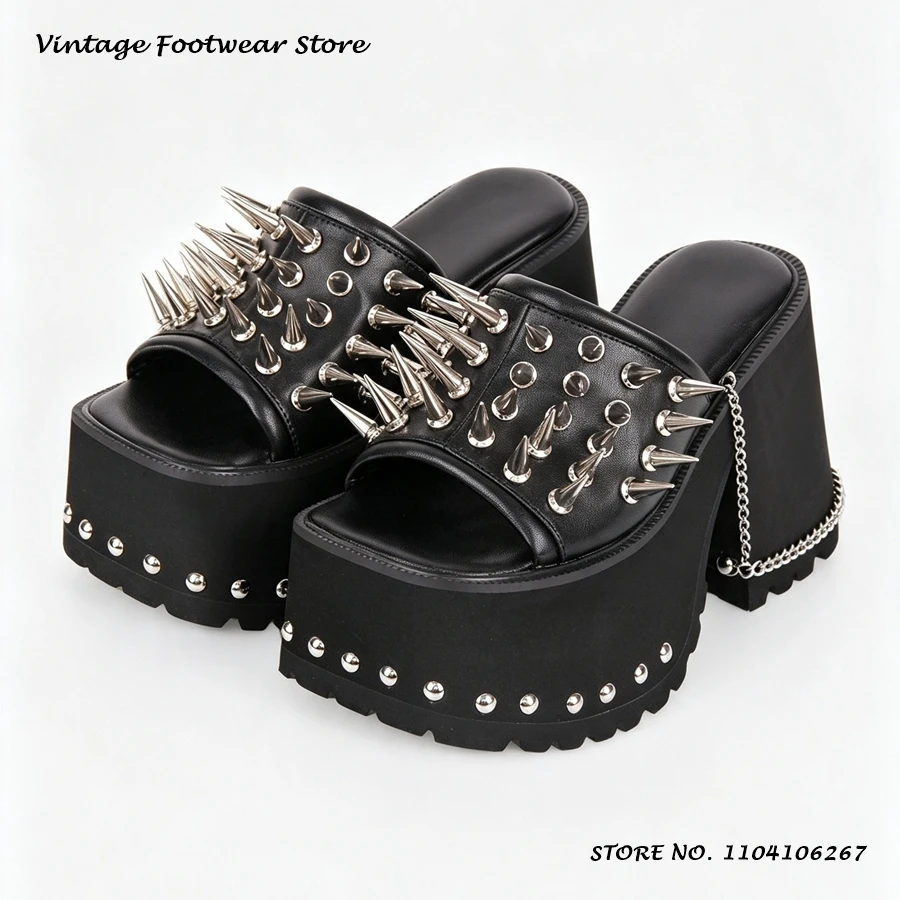 Spike Embellished Platform Slippers Punk Square Open Toe Block Heel Plus Size Shoes Women's Street Style Casual Slip-on Mules