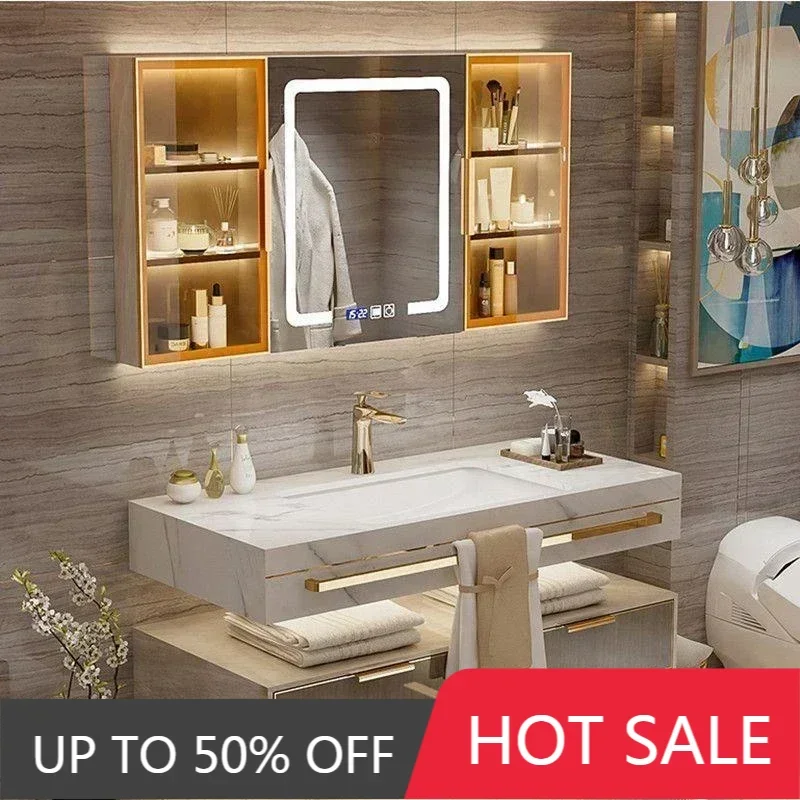 Stock Modern Slate Bathroom Cabinet With Smart Mirror Modern Double Washbasin Bathroom Vanity Mobile Bagno Furnitures Skincare
