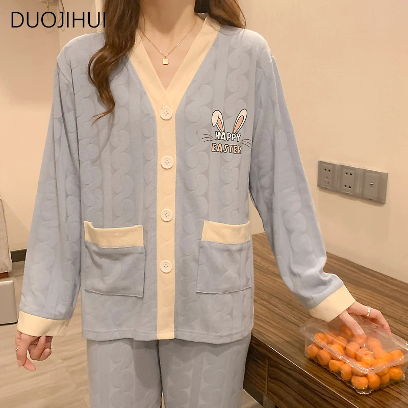 DUOJIHUI Autumn Sweet Two Piece Loose Female Pajamas Set Chic V-neck Cardigan Fashion Simple Pant Casual Home Pajamas for Women