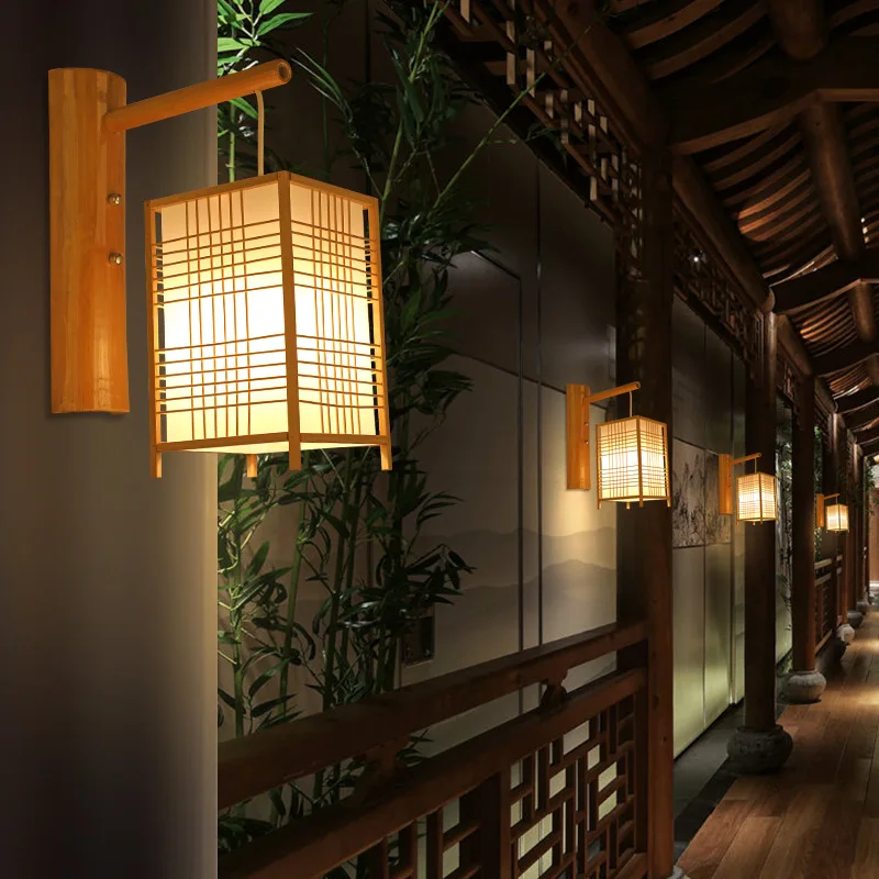 Industrial Farmhouse Bamboo Rattan Wall Sconce with Wood Base E27 Lighting for Kitchen Island Living Room Bedroom Decor
