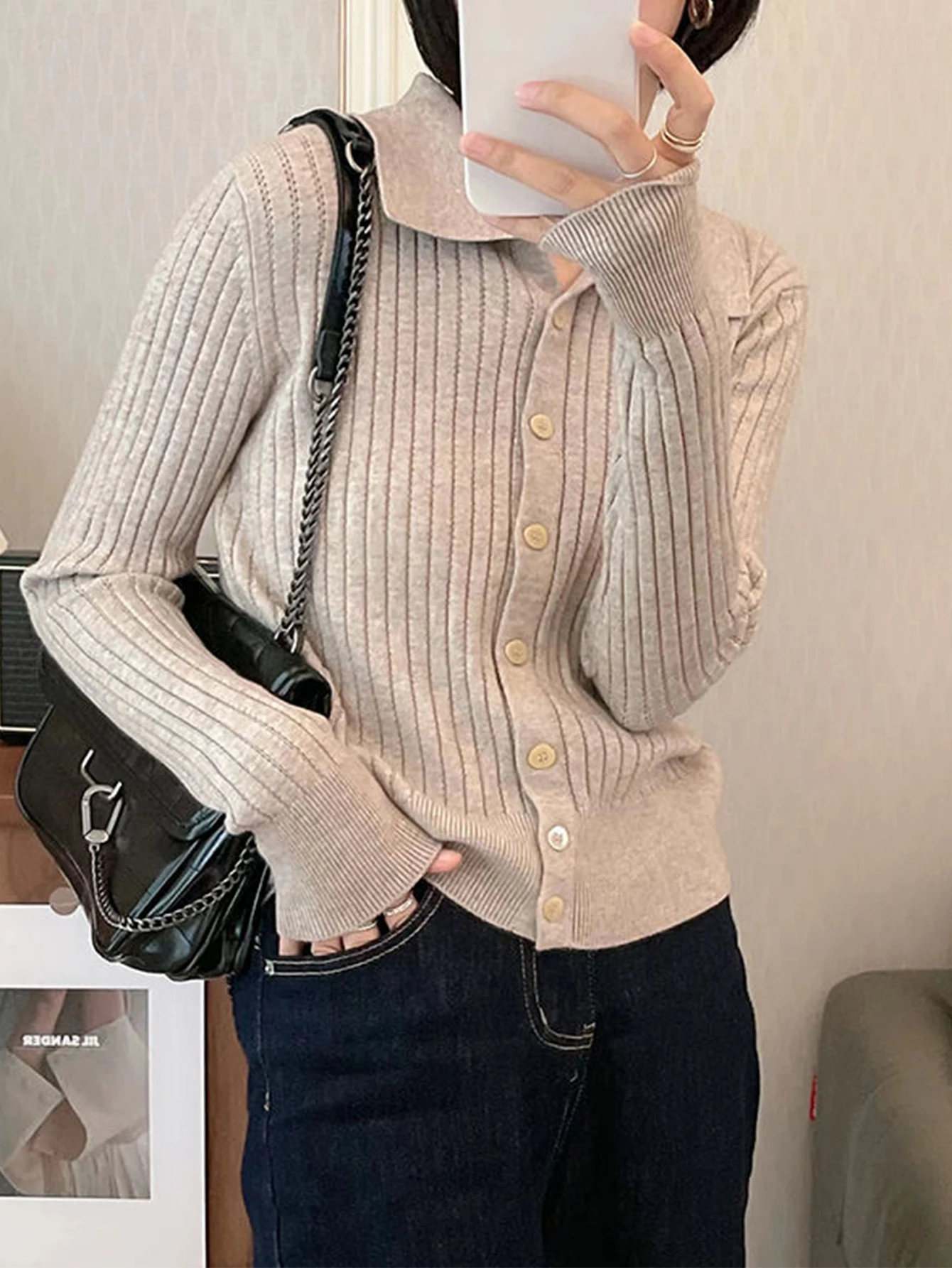 سترة نسائية كاجوال برقبة دائرية مفتوحة من الأمام وأكمام طويلة مزودة بأنبوب مستقيم بدون ديكور ملابس خارجية محبوكة #5