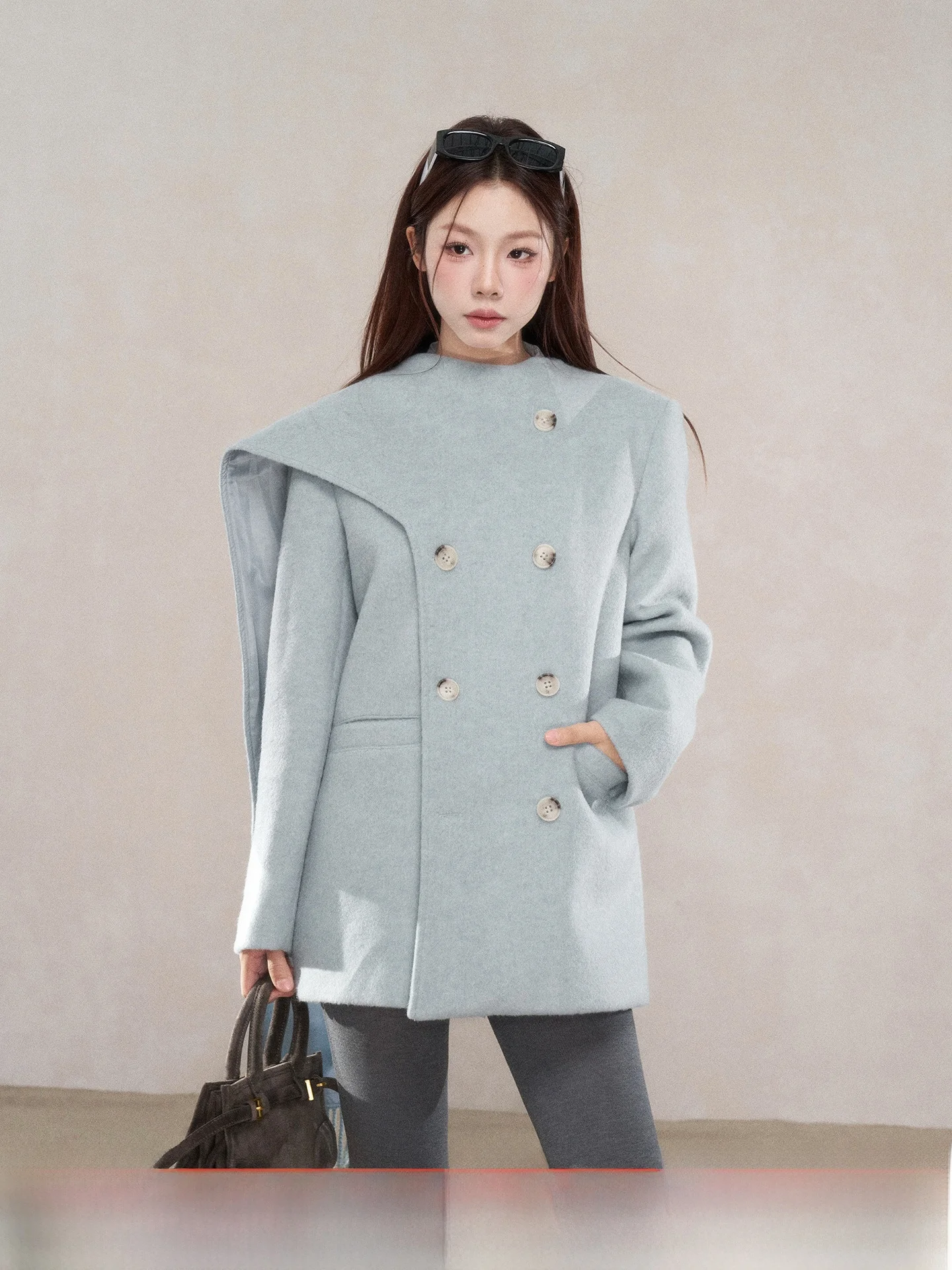 

Корейское двубортное шерстяное пальто, женское пальто средней длины с шарфом и воротником, осень-зима, свободный крой для поездок на работу