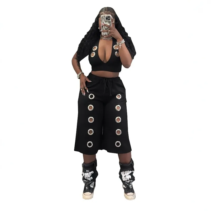 

Chic Streetwear Eyelet Cutout Matching Set for Women, V-Neck Crop Top + Culottes 2026 Summer Trendy Casual & Night Out Outfit