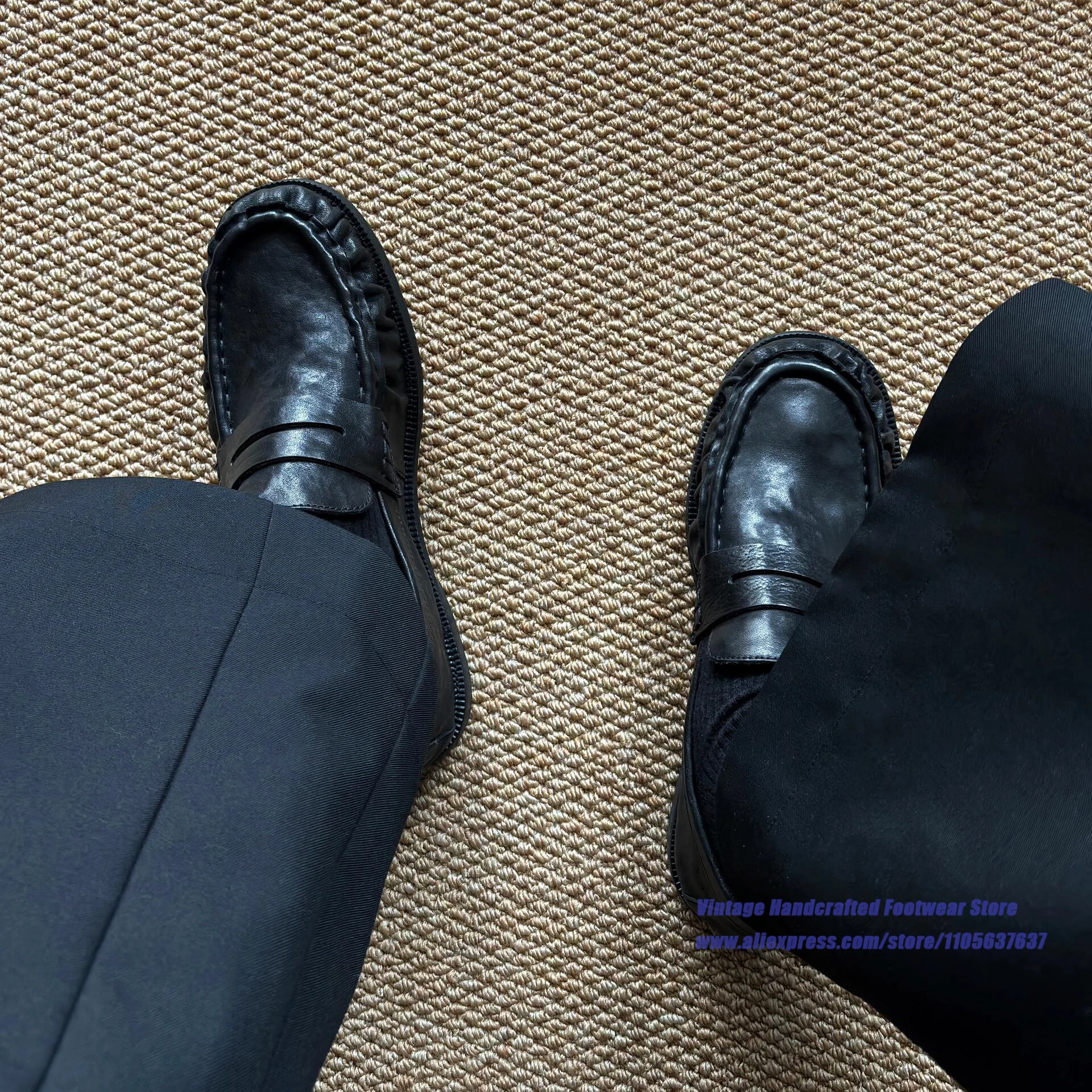 Men's Black Leather Ruched Wrinkled Loafers Slip On Low Heel Formal Casual Leather Dress Shoes Vintage Handcrafted Men's Shoes