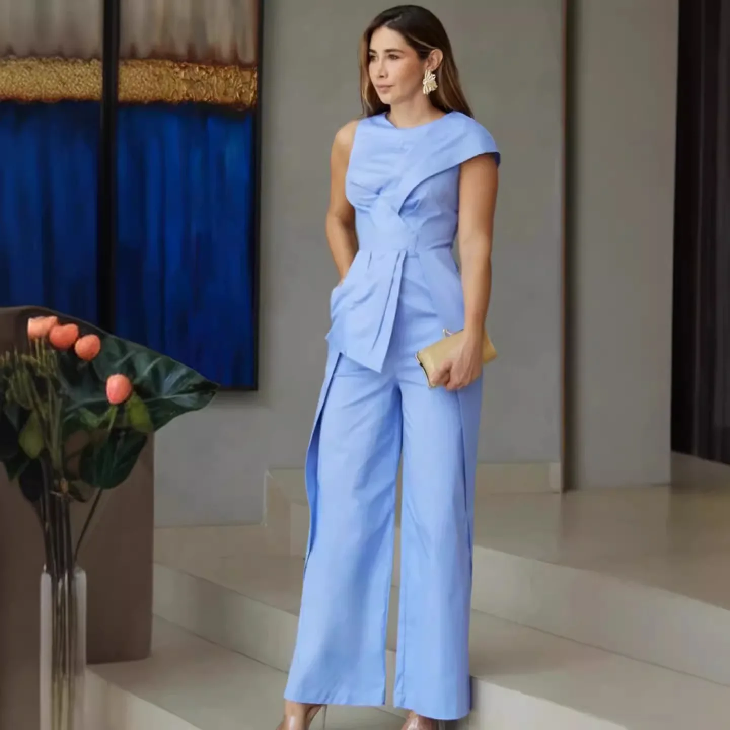 

Jumpsuits O Neck Sleeveless Spliced Women Rompers Straight Ankle Length Loose High Waist Jumpsuit Solid Work Blue Pockets