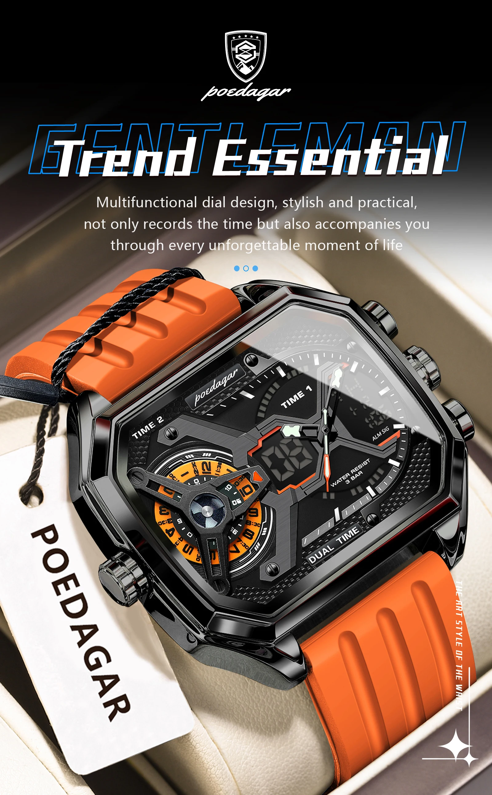 POEDAGAR Sport Männer Armbanduhren Datum Woche Leuchtende LED Mode Mann Uhr Silikon Armband Elektronische Dual Time Quarz herren Uhr – Detail 6