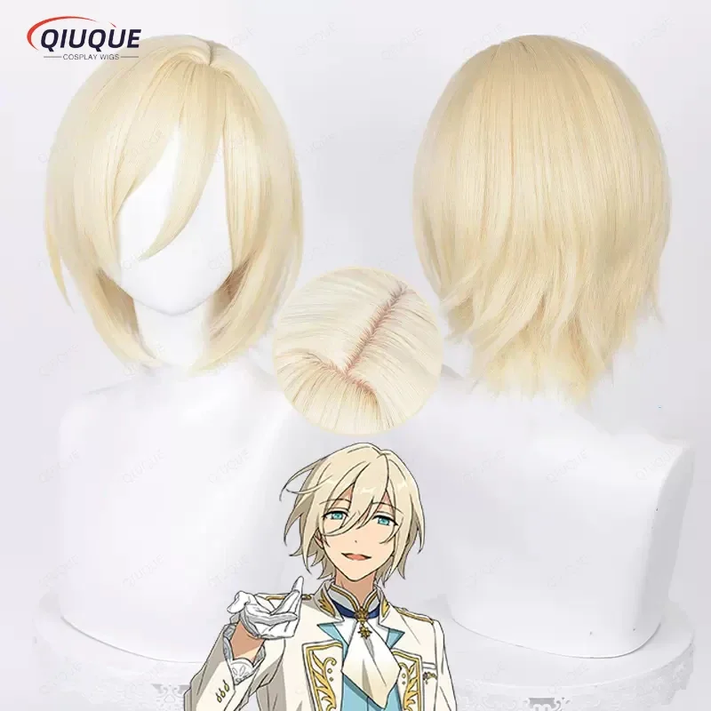 Game ES Ensemble Stars Tenshouin Eichi Cosplay Wig Short Golden Heat Resistant Synthetic Hair Party Wigs   Wig Cap