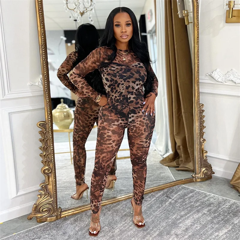 

Doyerl Printed Leopard Romper Jumpsuit Woman Sexy Mesh Sheer Skinny Stretchy Long Sleeve One Piece Club Outfits Bodycon Overalls