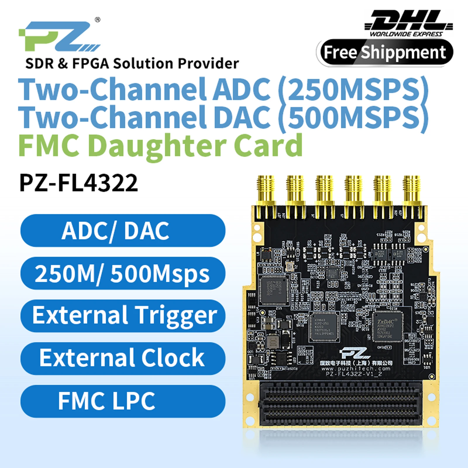 

Puzhi PZ-FL4322 FMC Daughter Card Dual-channel High-speed ADC 14bit 250MSPS DAC 16bit 500MSPS AD9643 AD9122 LPC FMC Board LVDS