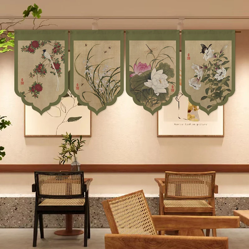 Chinese Traditional Flower Bird Pennant Curtain Vintage Ink Painting Window Valance Tea House Restaurant Decor Triangle Flag