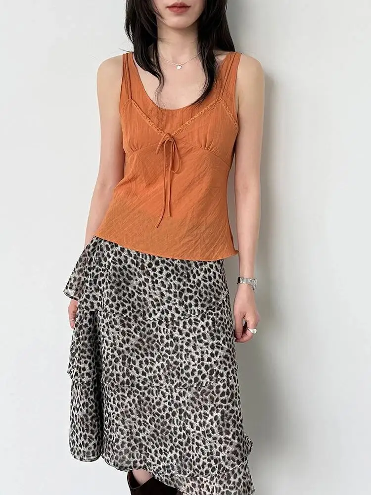 Orange Spliced Women Elegant Tank Tops New Round Neck Sleeveless Personality Fashion  Spring Summer 2026 Y9Z8