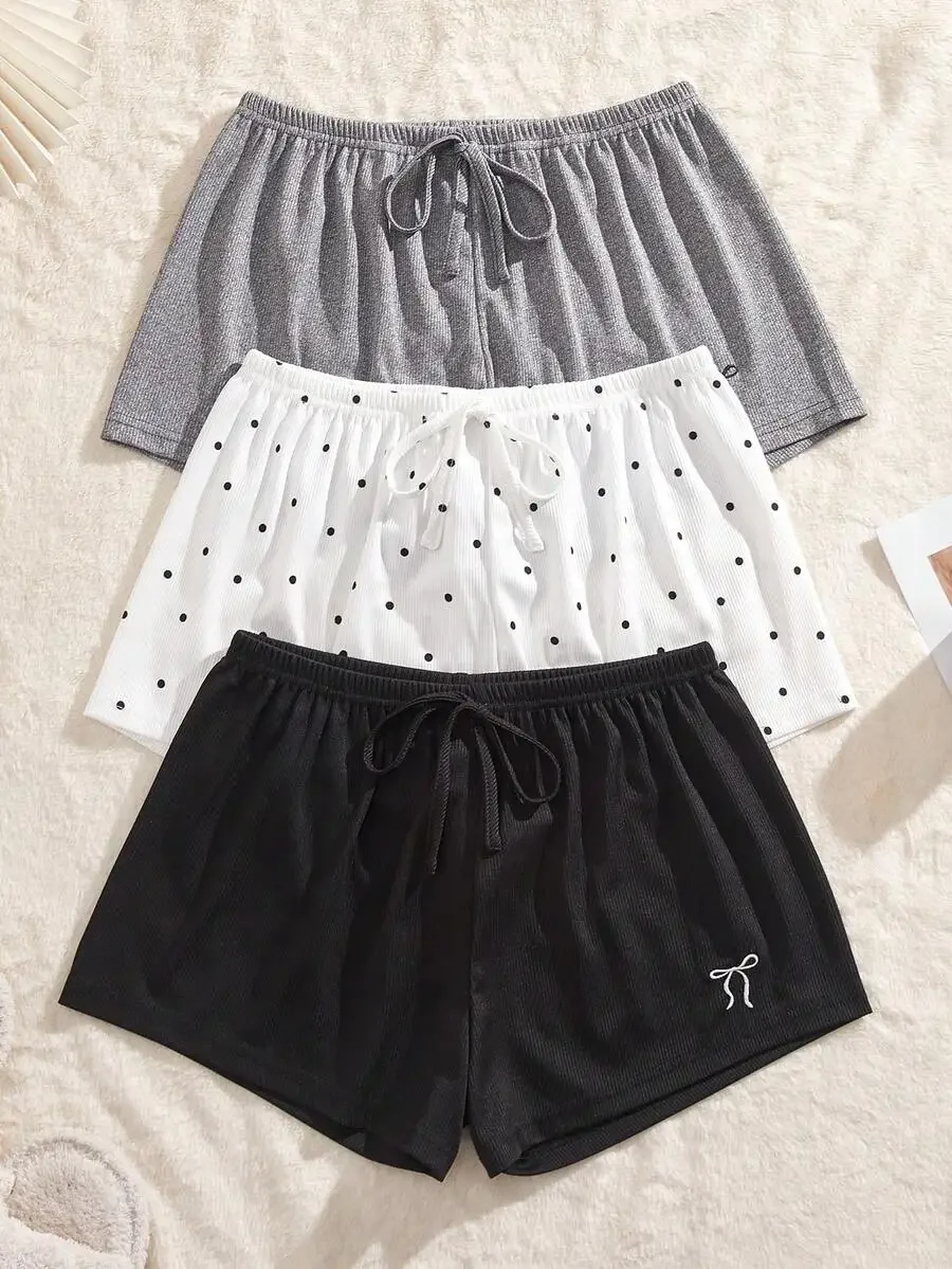 

3-Pack Women’s Ribbed Knit Sleep Shorts With Polka Dots And Embroidered Bow, Summer Pajama Set For Loungewear