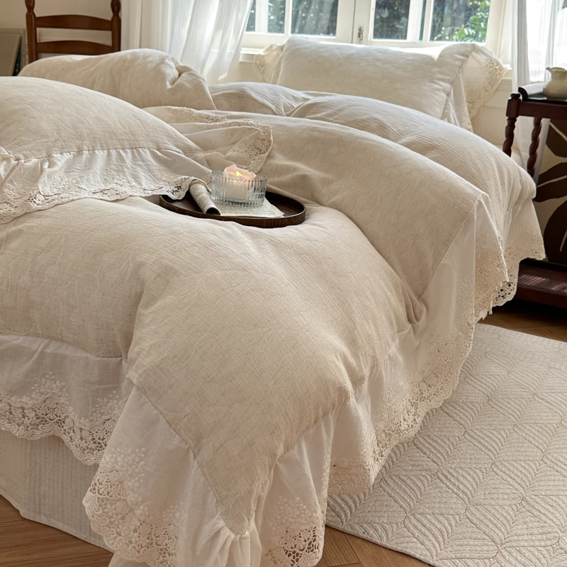 20% Linen + 80% Cotton Jacquard Natural Health Skin French Style Lace Ruffles Bedding Set Duvet Cover Set Bed Sheet Pillowcases