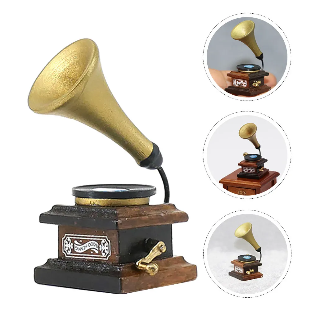 

Mini Retro Phonograph Vintage Wooden Gramophone Ornament Mini House Furniture Decoration Miniature Retro Gramophone Accessory