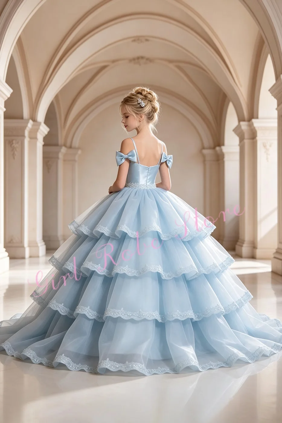 Customized Sky Blue Flower Girl Dress For Wedding Lace Tulle Layered Strap Elegant Princess Birthday Evening Pageant Ball Gown