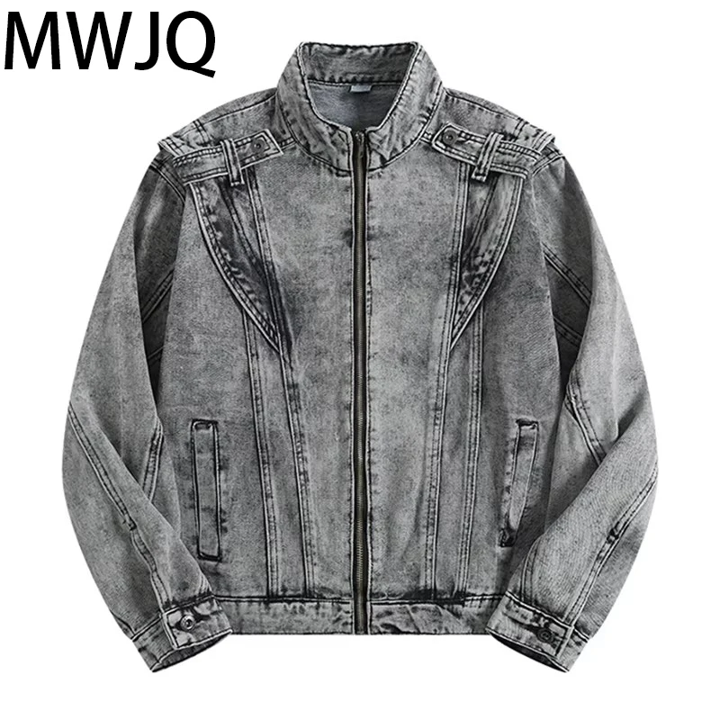 MWJQ Worn-out Denim Jacket Male American Stand Collar Spliced Design High Street Handsome Coats Gray Fashion Spring Tops 010041