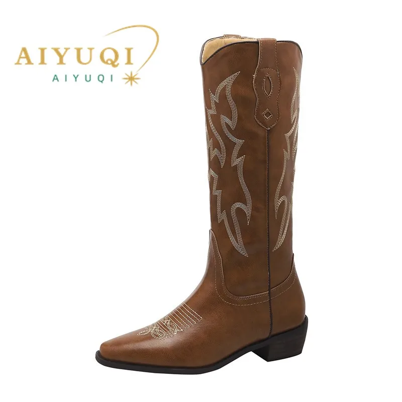Bottes de cowboy occidentales pour femmes AIYUQI, nouvelle collection automne 2026, bottes d'équitation brodées à talon épais, style rétro, grandes tailles, bottes longues pour femmes