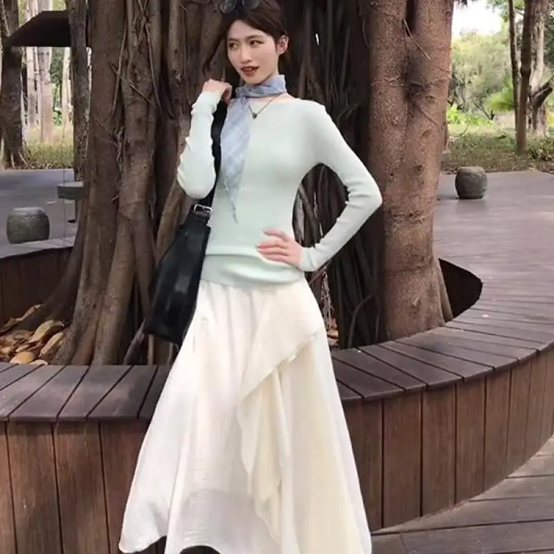 

Новая осенняя женская юбка, зеленая модная винтажная футболка с длинным рукавом, топы, офисные женские облегающие элегантные вечерние плиссированные юбки