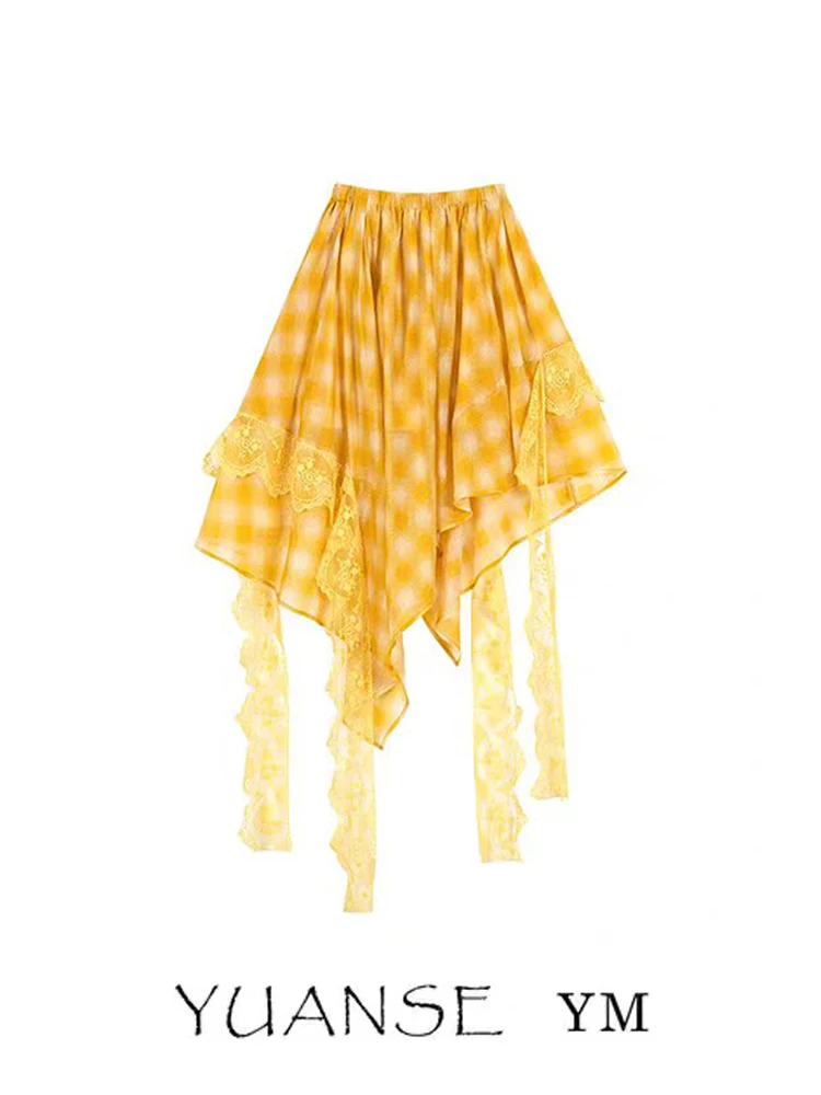 YUANSE Vacation Style Yellow Plaid Tube Top Women Summer Slimming Irregular Beach Half Skirt Two-Way Wear Midi Skirt