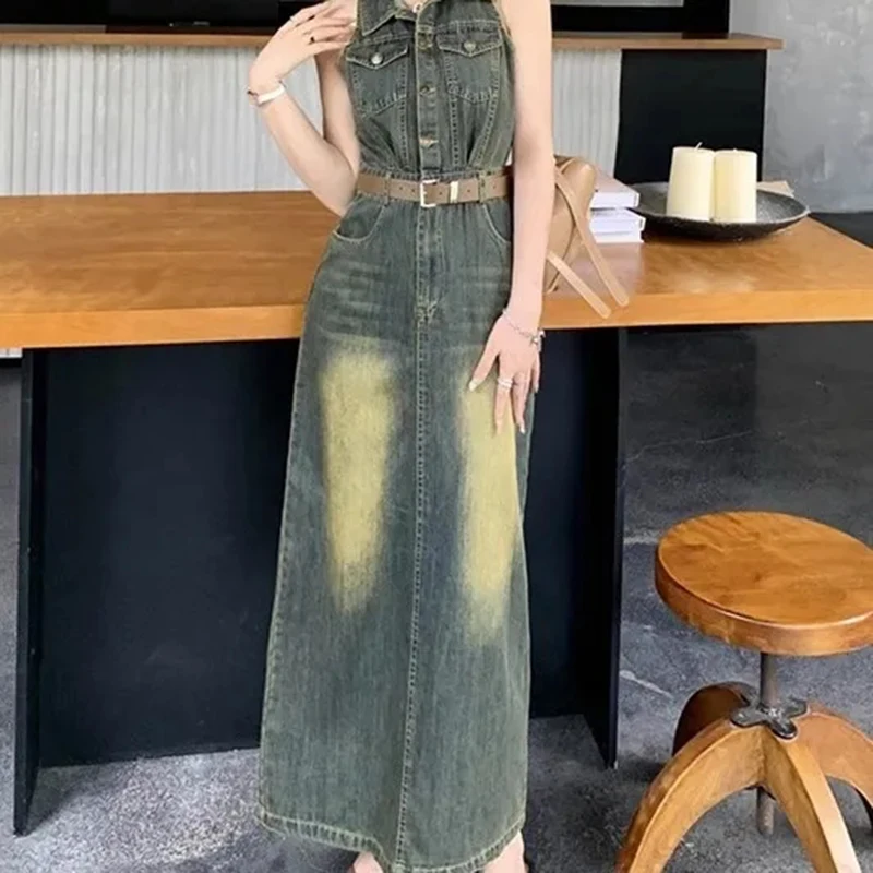 Vestido tipo chaleco vaquero Vintage Y2k para mujer, cintura con solapa, un solo pecho, vestido a la cadera con bolso en contraste, vestidos vaqueros largos divididos, verano, nuevo